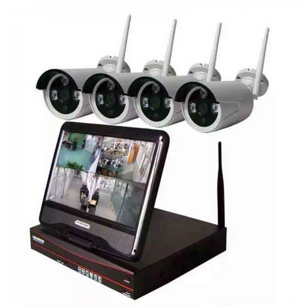 Outdoor Wireless IP Camera System Wi-Fi NVR (4 IP Cameras with a NVR. 4CH 720P Wireless IP Camera &amp; 10inch Monitor)