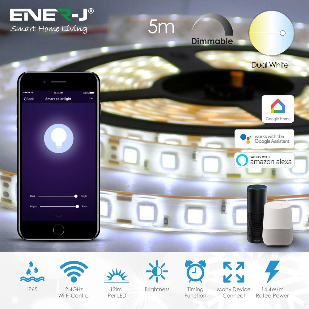 Smart Wi-Fi CCT Changing &amp; Dimmable LED Strip Plug and Play Kit, 12V, 5 meters, IP65