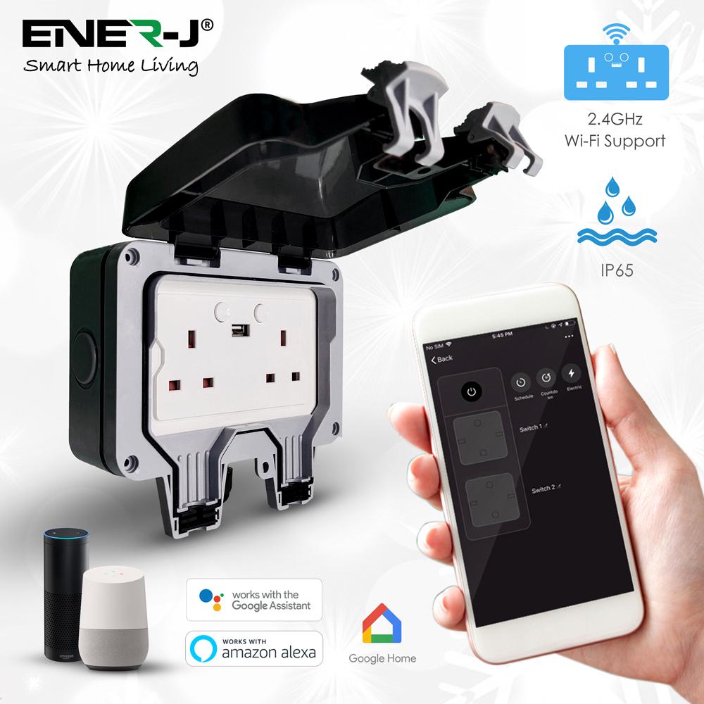 Smart Wi-Fi Weatherproof 13A Twin Wall Sockets with Type-c Ports (IP55)