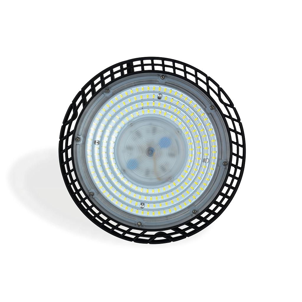 100W UFO Highbay, 140pcs Sanan 2835mil,120lm/w,120°,AC185-265V,4000K,Ra&gt;70,DOB,black color body ,with a hook,3 Year Warranty.IP65.1 meter output cable