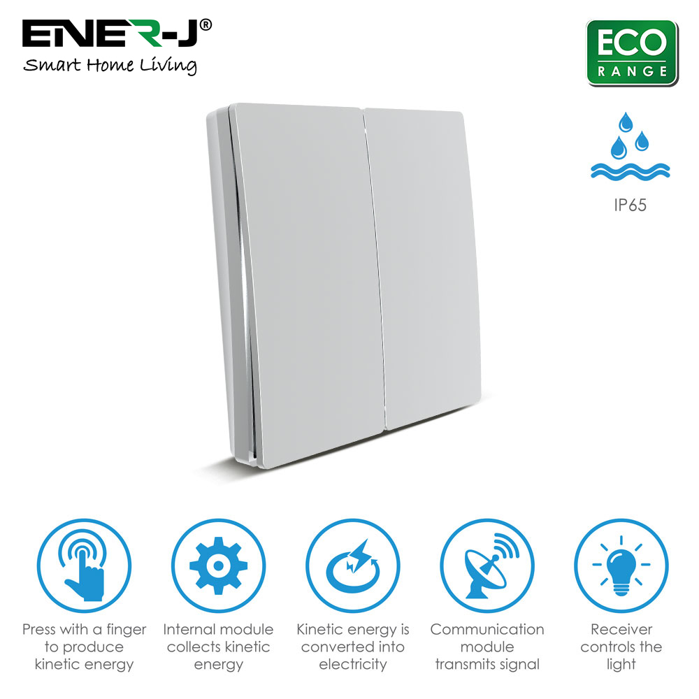 2 Gang Wireless Kinetic Switch, Silver