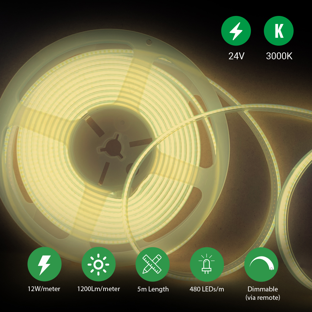 5 Meters Set of 24V Dotless COB Strip with 480 LEDs/M + Dimming Controller + UK Adapter Plug, 3000K