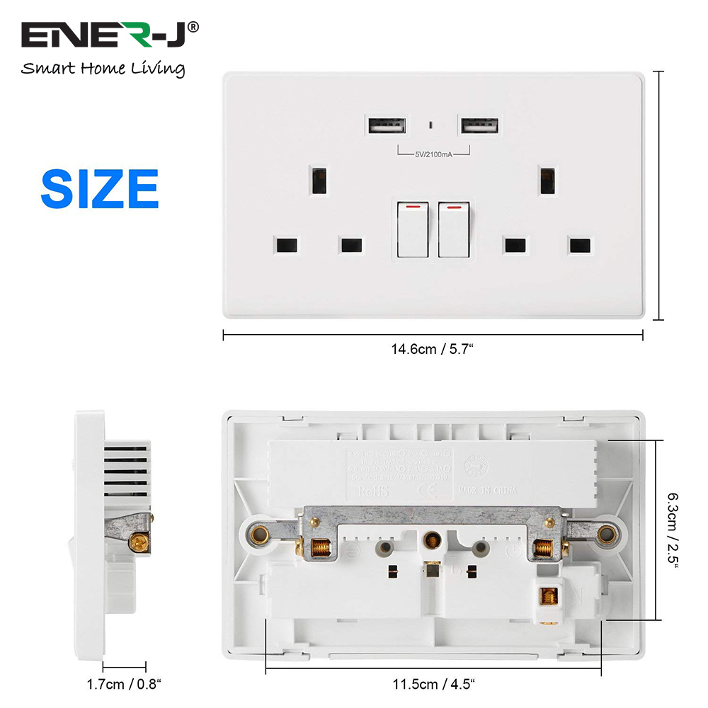  STANDARD 13A WALL SOCKETS WITH 2.1A USB