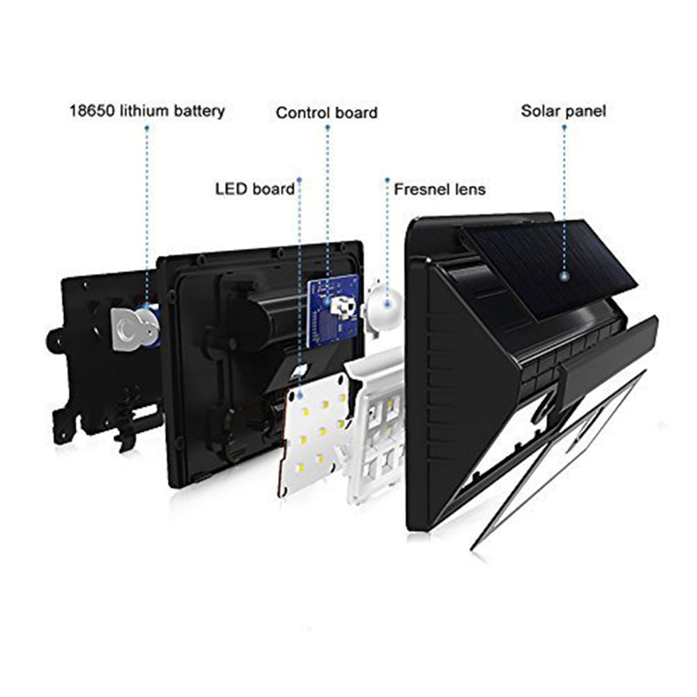 SOLAR WALL LIGHT WITH PIR, 20 PCS 2835 LED, 1.6W 200 LUMENS, BLACK HOUSING, IP65, 6500K