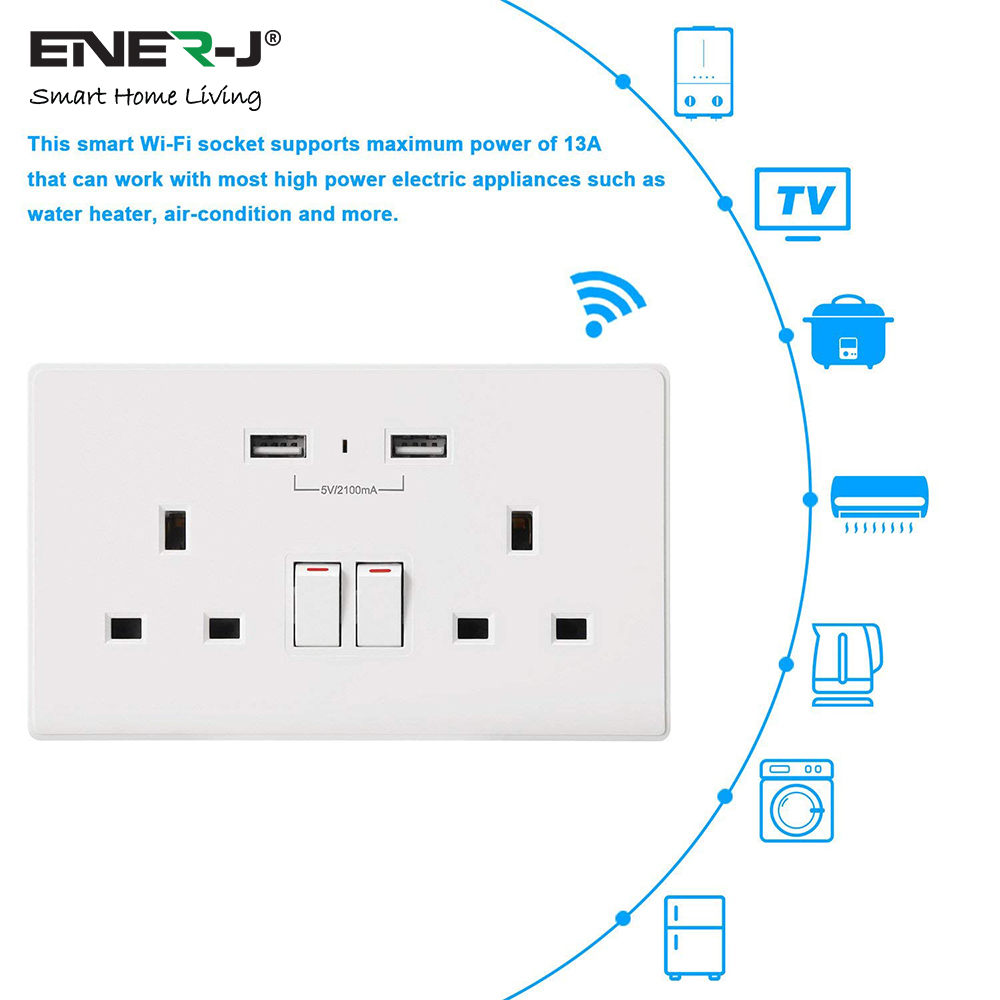 13A Wi-Fi Twin Wall Sockets with 2 USB Ports (White)