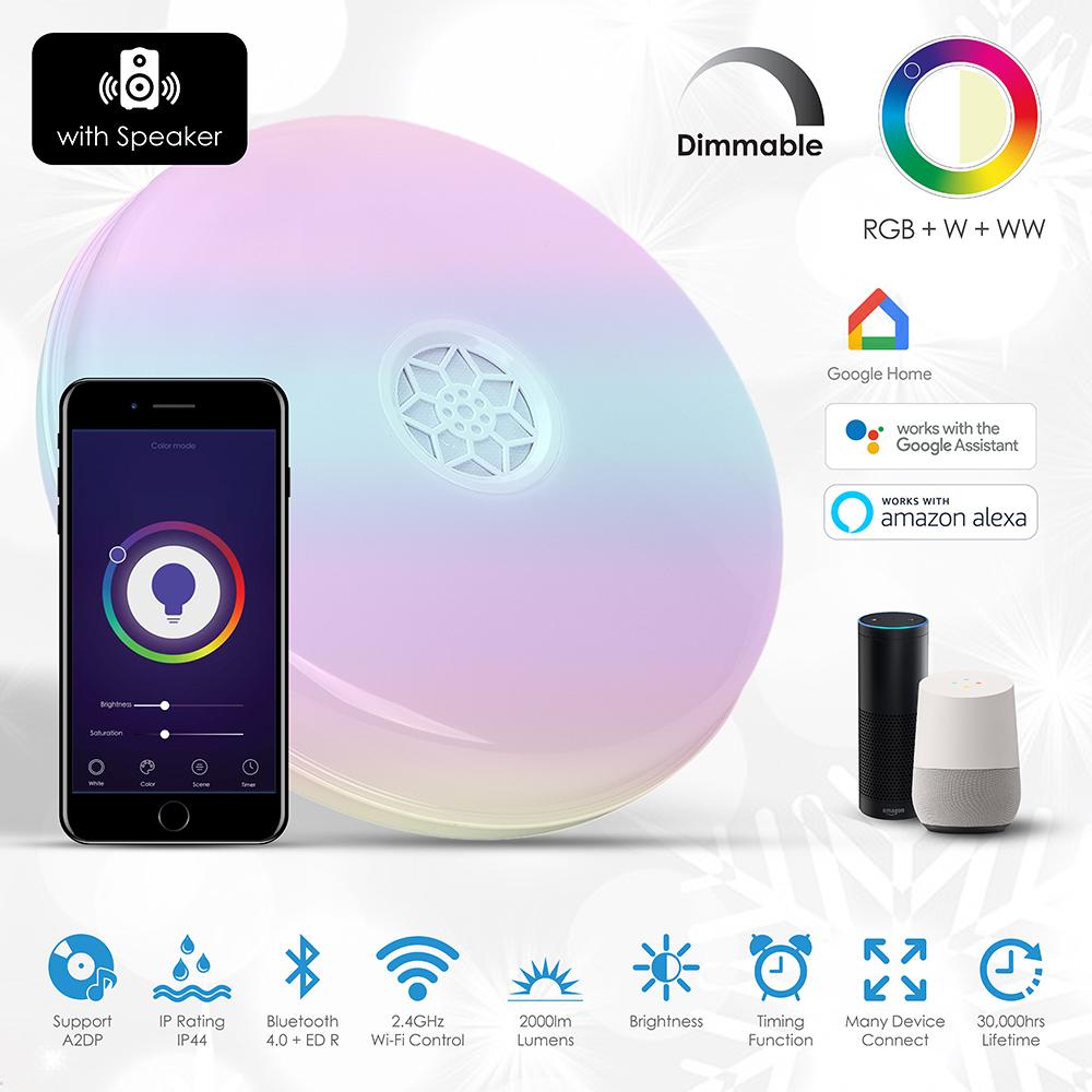 Wi-Fi Ceiling Lights 24W, RGB+W+WW, Dimmable with Bluetooth Speaker