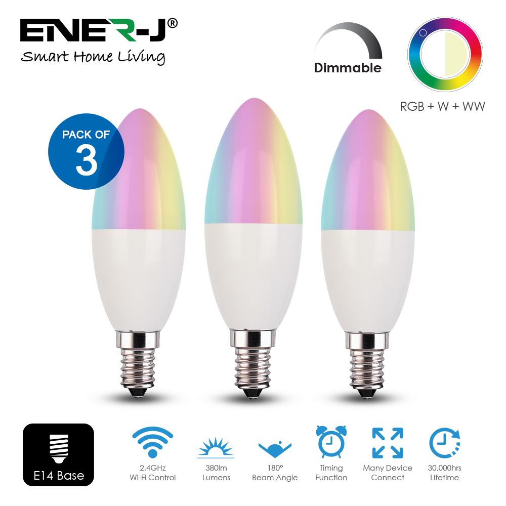 Smart WiFi Candle Bulb, E14 Base, RGB+CCT Changing &amp; Dimmable via APP (3pc pack)
