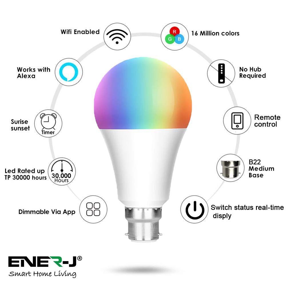 WiFi Smart A60 Bulbs, RGB+W+WW 5 Way, 9W 800 Lumens, AC90-265V, B22 (pack of 3 units)