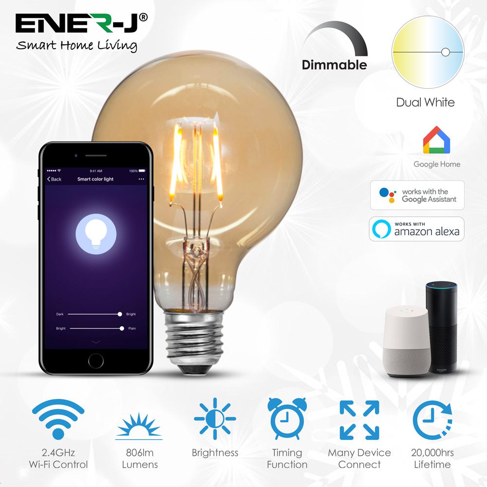 Filament G95 in Amber Glass- 8W 900Lm (of 6500K) 2700-6000K, CCT &amp; Dimmable E27