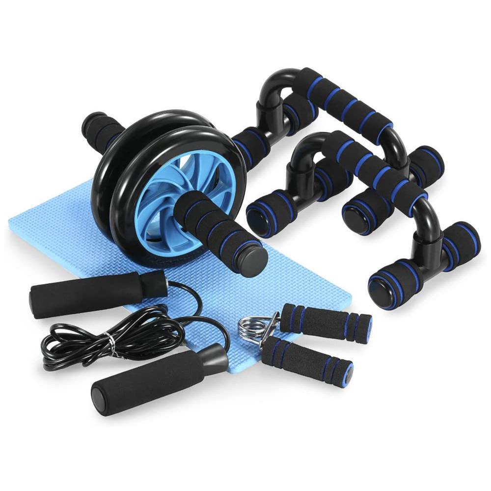 Fitness Exercise Set: Hand Gripper Jump Rope AB Roller Push-Up Bar Knee Pad (5 in 1)