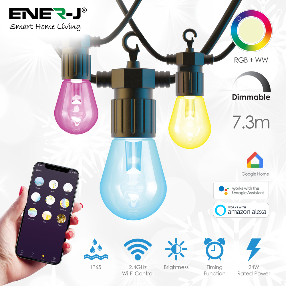 Wi-Fi LED String Light with RGB+WW Filament Bulbs, 7.2M and 12pcs Filament Bulbs with Adapter &amp; UK fused Plug