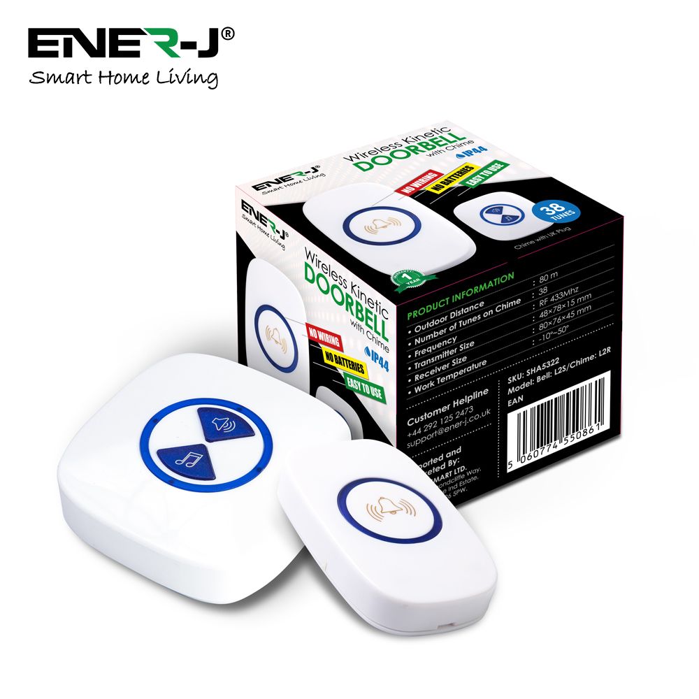Wireless Kinetic Doorbell + UK Plug Chime Set