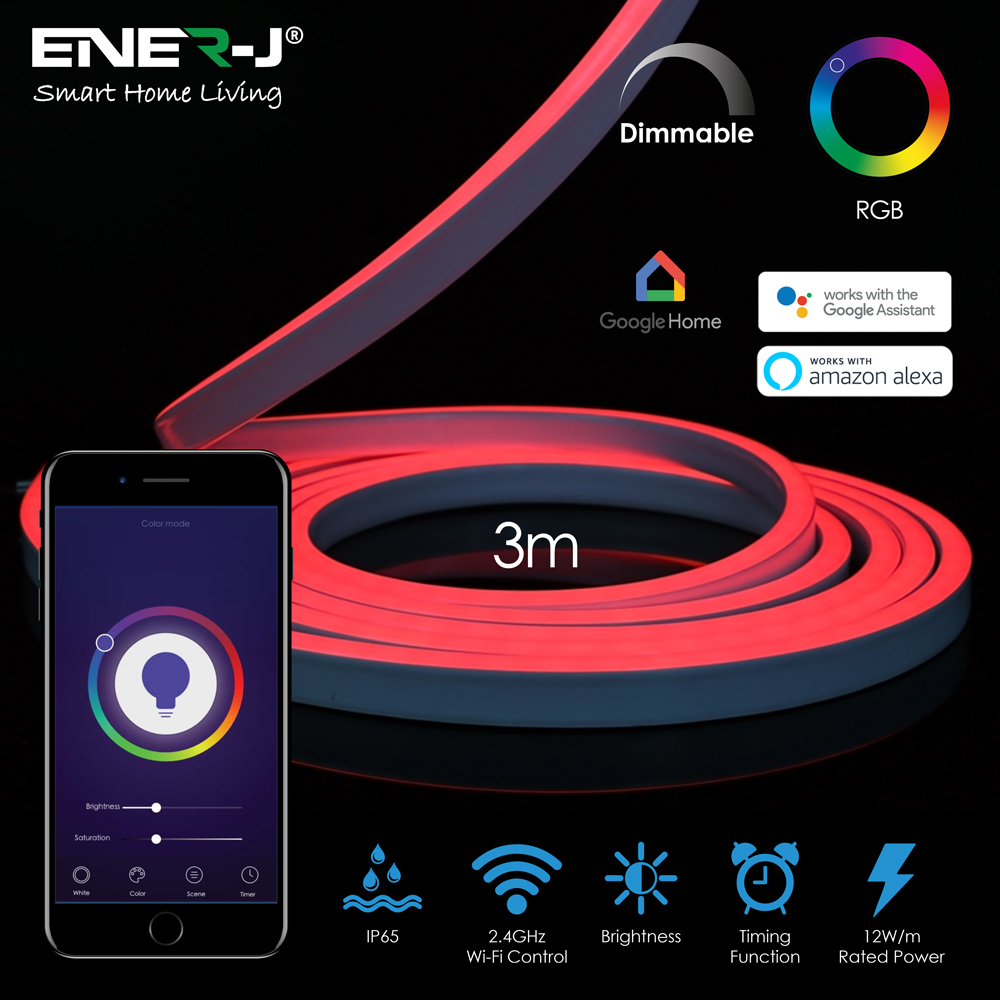 WiFi RGB Neon LED Strip with 3 Meters Neon Strip, WiFi + IR controller and 3A adapter