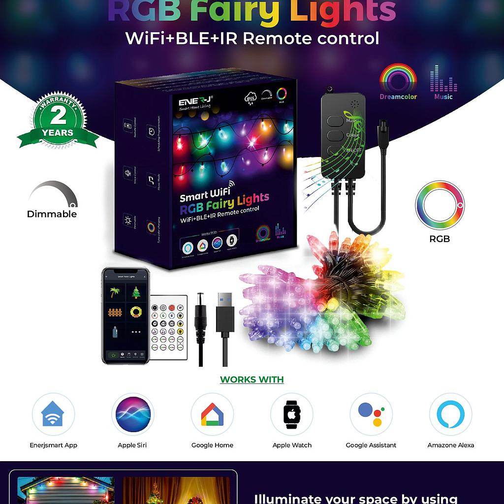 RGB Fairy Lights with 5 Meters length, 50 LEDs, WiFi+BLE+IR Remote control, UK Plug with USB Port