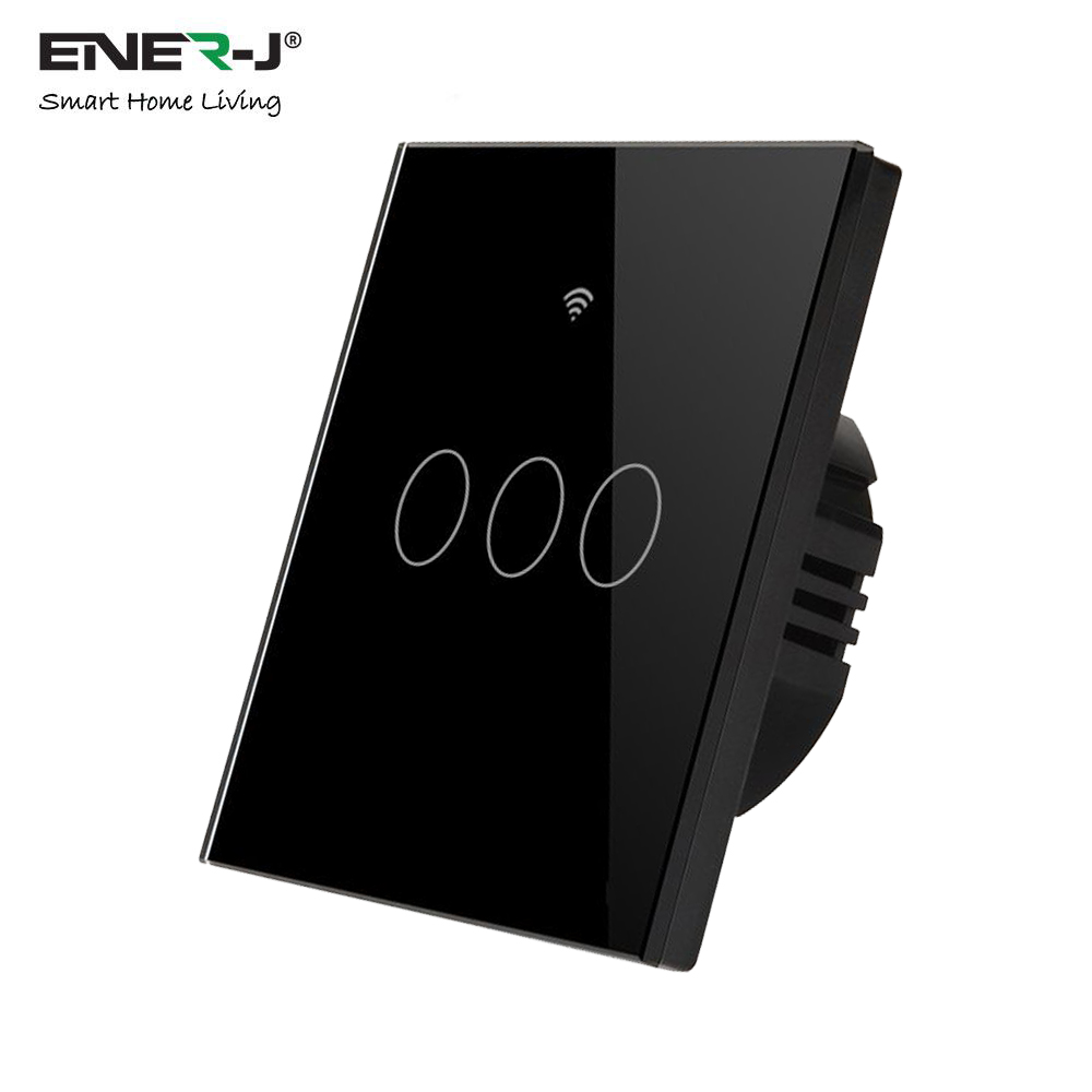 Smart Touch Switch (Black) 3 Gang without Neutral Wire. Only Live.(with adapter)