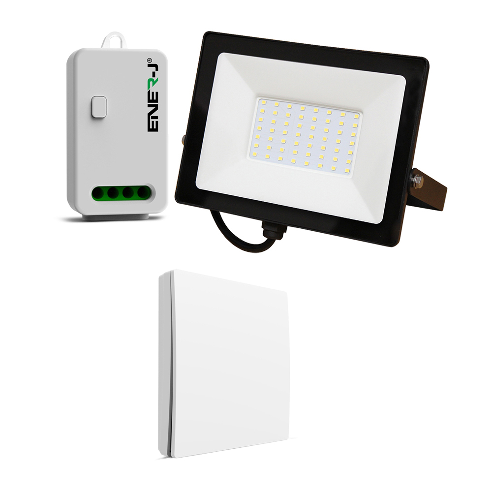 50W LED Floodlight Pre Wired with 500W RF Receiver + 1 Gang Wireless Kinetic Switch (White Body)