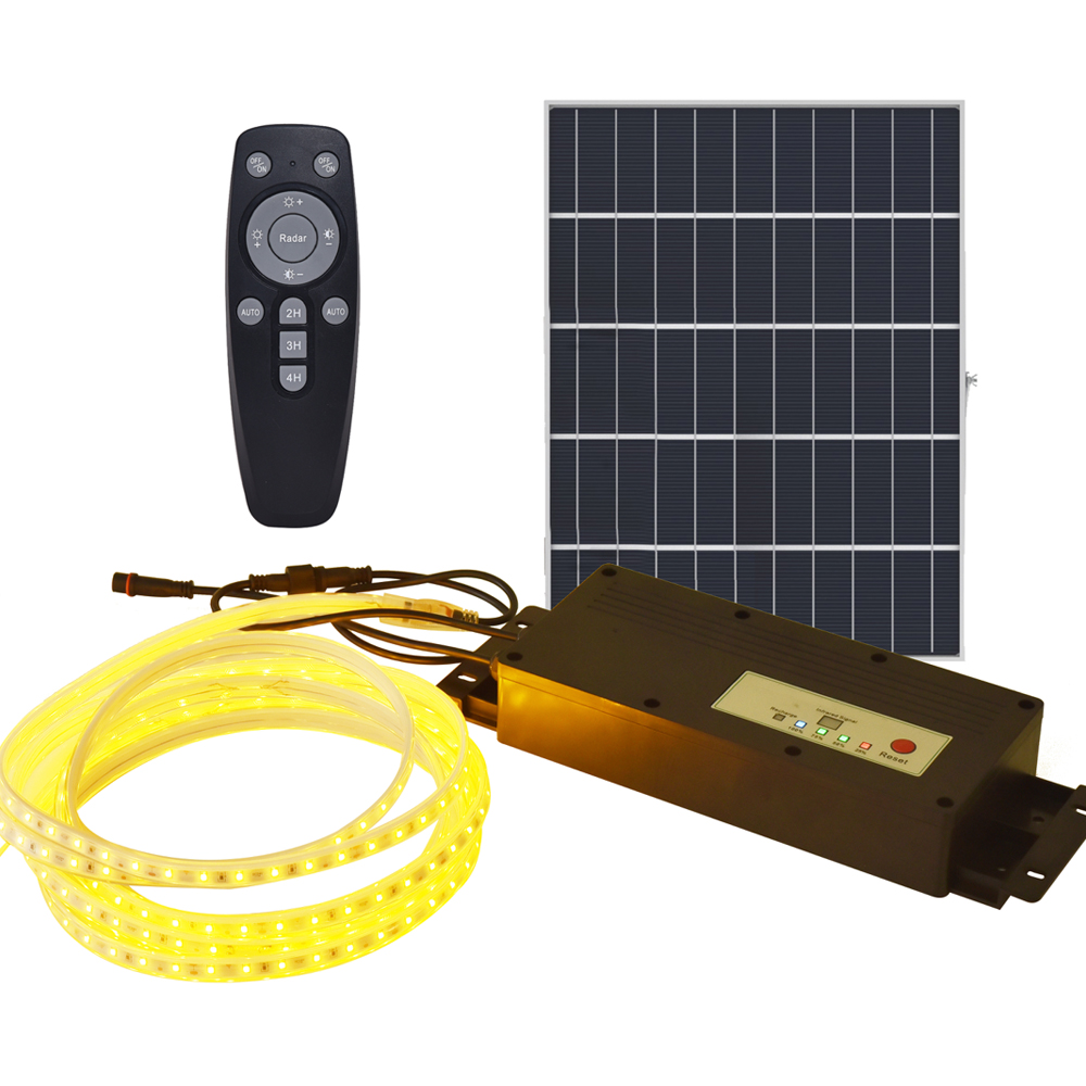 20 Meter Solar LED Strips with Silicon cover, IP65, 6V 12W Solar Panel with 12Ah battery, Remote Included. 3000K