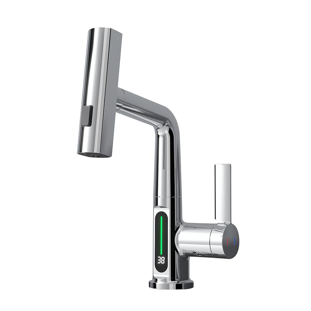 Modern Single Hole Basin Faucet with Waterfall, Pull Out Sprayer and LED Temperature Display, Chrome Silver