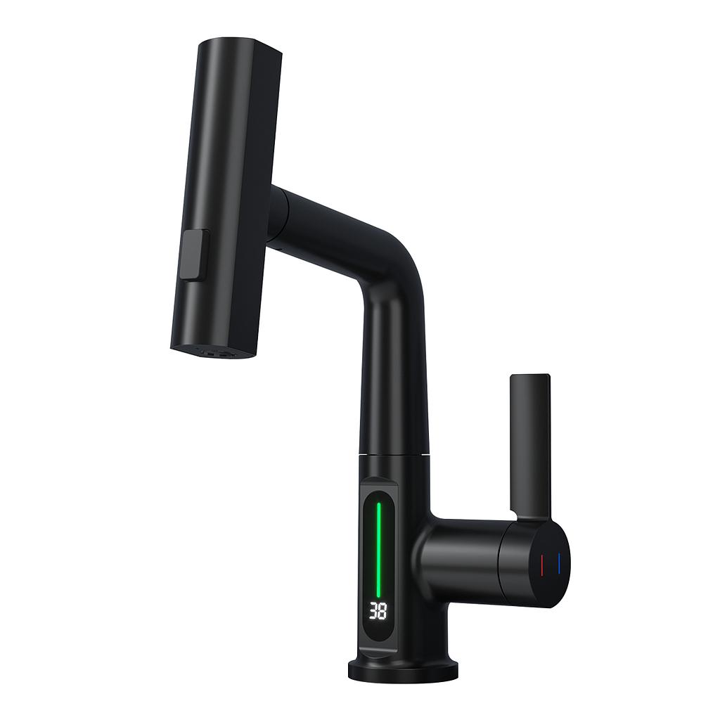 Modern Single Hole Basin Faucet with Waterfall, Pull Out Sprayer and LED Temperature Display, Black