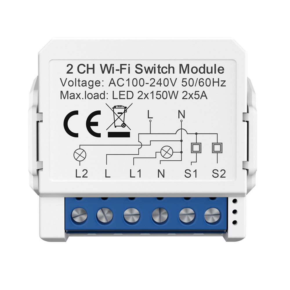 Smart WiFi Light 2CH Switch Module – Convert Any Existing Non-Dimmable Switch to Smart Control via App &amp; Voice, Compatible with Alexa &amp; Google Assistant