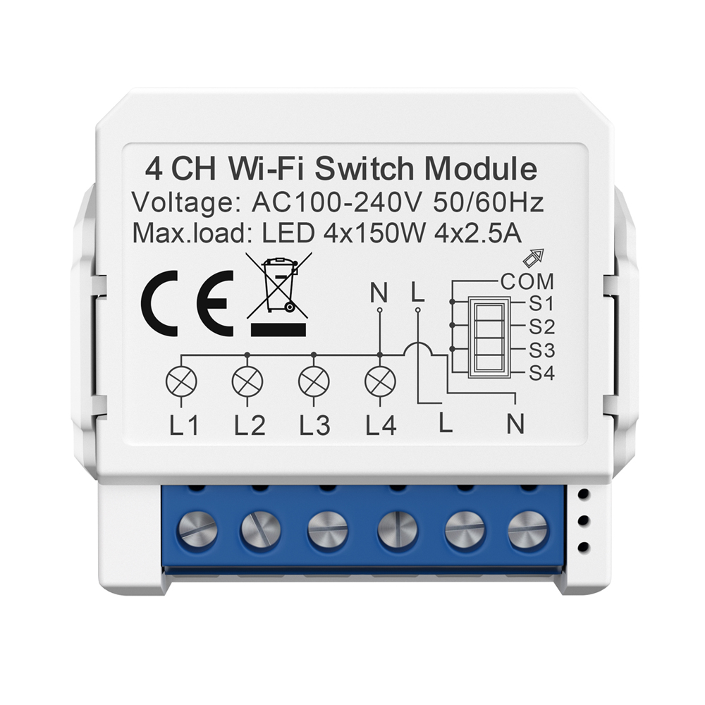 Smart WiFi Light 4CH Switch Module – Convert Any Existing Non-Dimmable Switch to Smart Control via App &amp; Voice, Compatible with Alexa &amp; Google Assistant