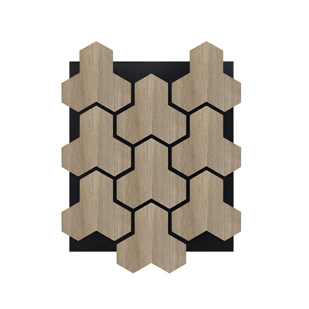 "Geometric Acoustic Panel with Wooden Hexagon Pattern - PET + MDF Size: 620 x 800 mm"