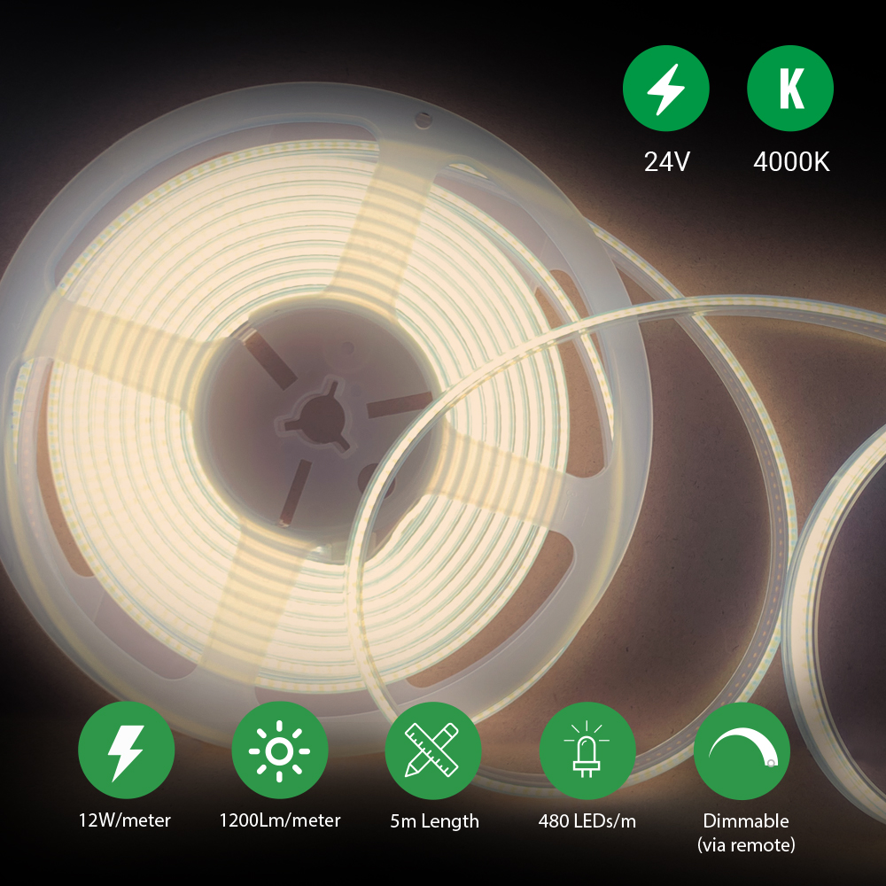 5 Meters Set of 24V Dotless COB Strip with 480 LEDs/M + Dimming Controller + UK Adapter Plug, 4000K