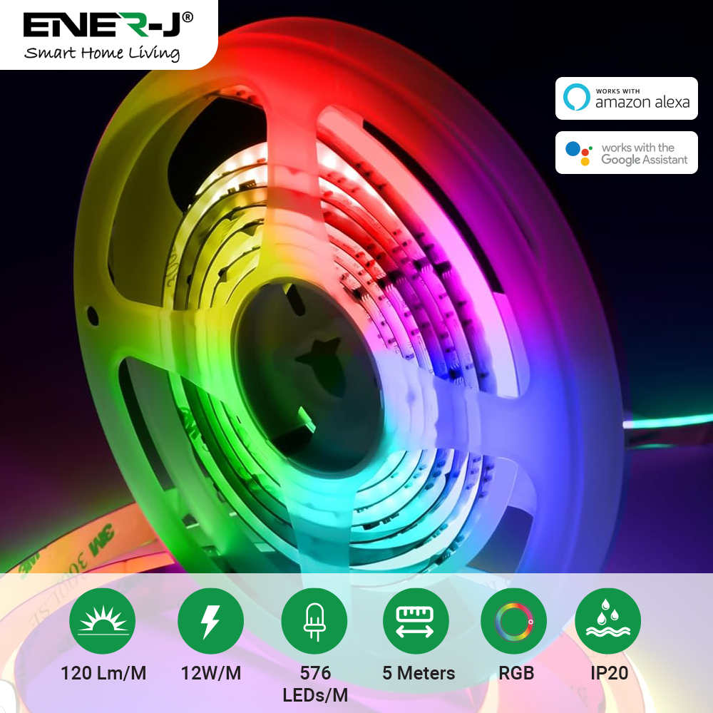 Smart Plug &amp; Play Digital RGB COB LED Strip Light Kit | 5 Metres | 576 LEDs/M | Tuya WiFi &amp; Remote Control | Works with Alexa &amp; Google Assistant
